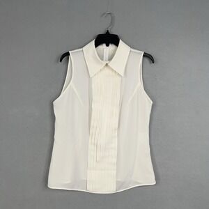 Andrew Gn Top Womens 44 White Sleeveless Tuxedo Pleated Silk Blouse Made Italy